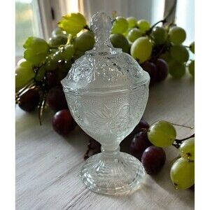 Grapes & Leaves Pattern Pedestal 7.5” Glass Candy Dish Compote W/Lid Vtg Clear